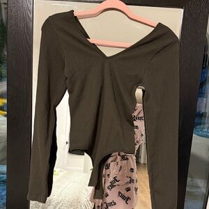 Design Lab Lord & Taylor Dark Olive Ribbed Bodysuit